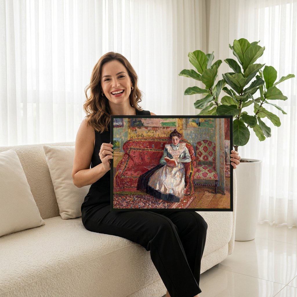 Quadro Decorativo A Leitora - Camille Pissarro | modelo apresentando o quadro emoldurado