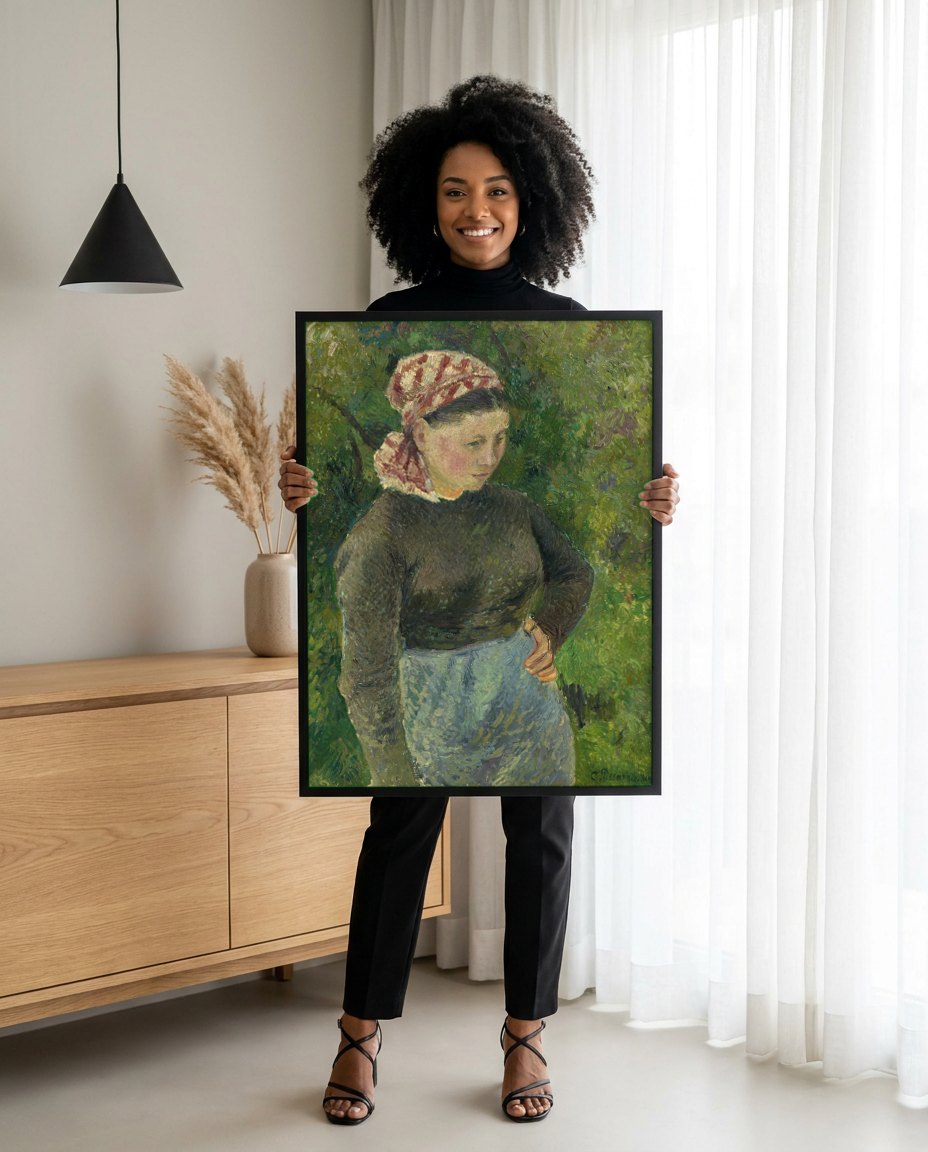 Quadro Decorativo Camponesa - Camille Pissarro | modelo apresentando o quadro emoldurado