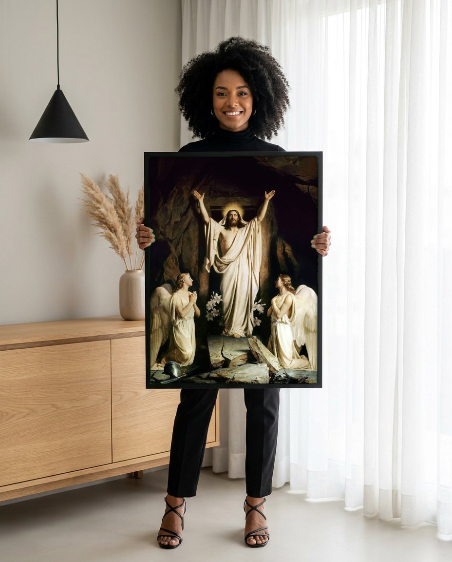 Quadro Decorativo A Ressurreição de Cristo - Carl Bloch | modelo apresentando o quadro emoldurado