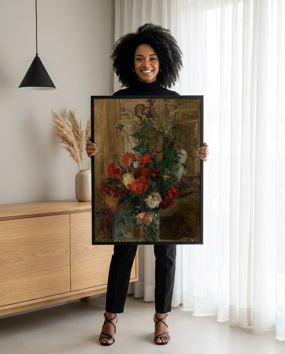 Quadro Decorativo Vaso de Flores - Jacques Émile Blanche | modelo apresentando o quadro emoldurado