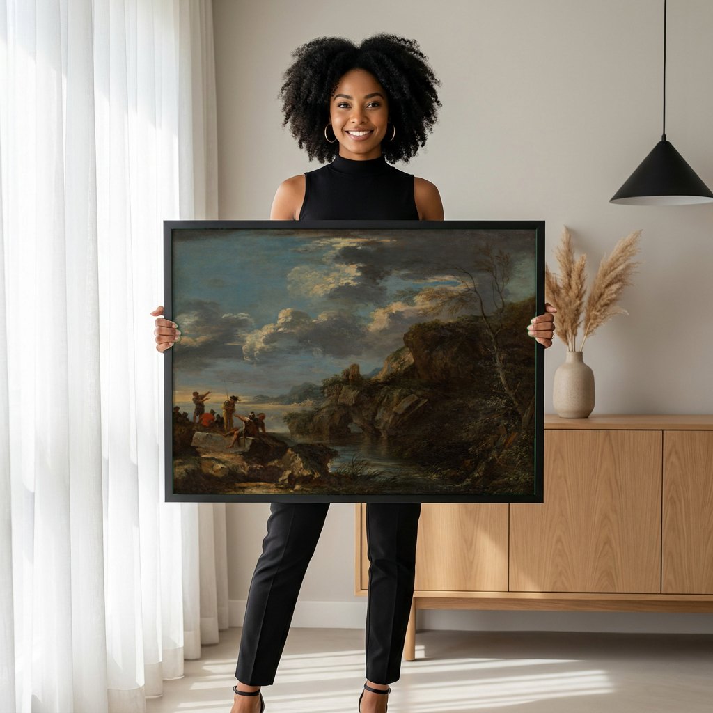 Quadro Decorativo Paisagem com Figuras - Salvator Rosa | modelo apresentando o quadro emoldurado