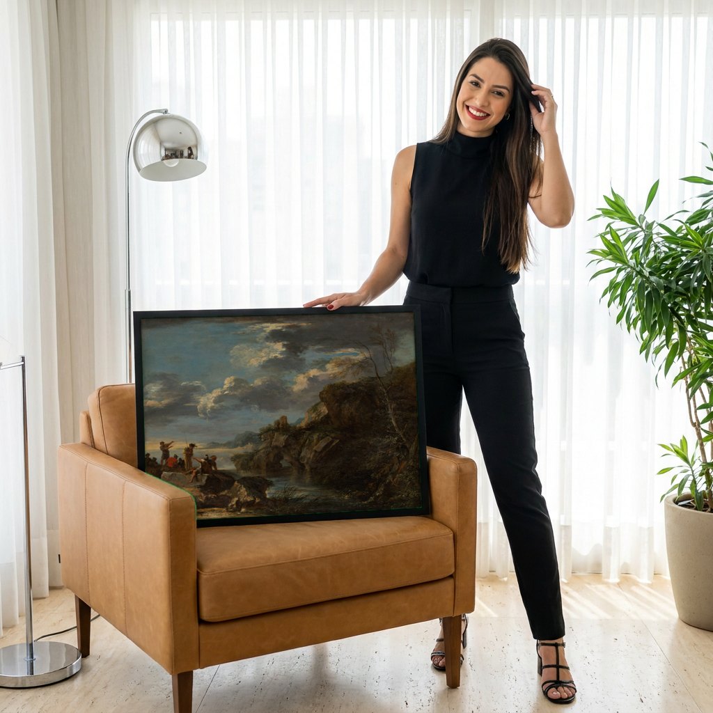 Quadro Decorativo Paisagem com Figuras - Salvator Rosa | modelo apresentando o quadro emoldurado