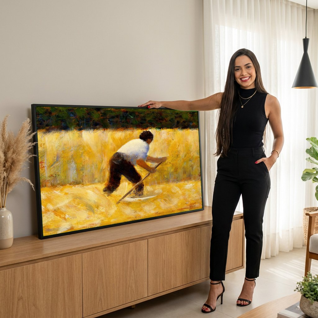 Quadro Decorativo Campo de Trigo - Georges Seurat | modelo apresentando o quadro emoldurado