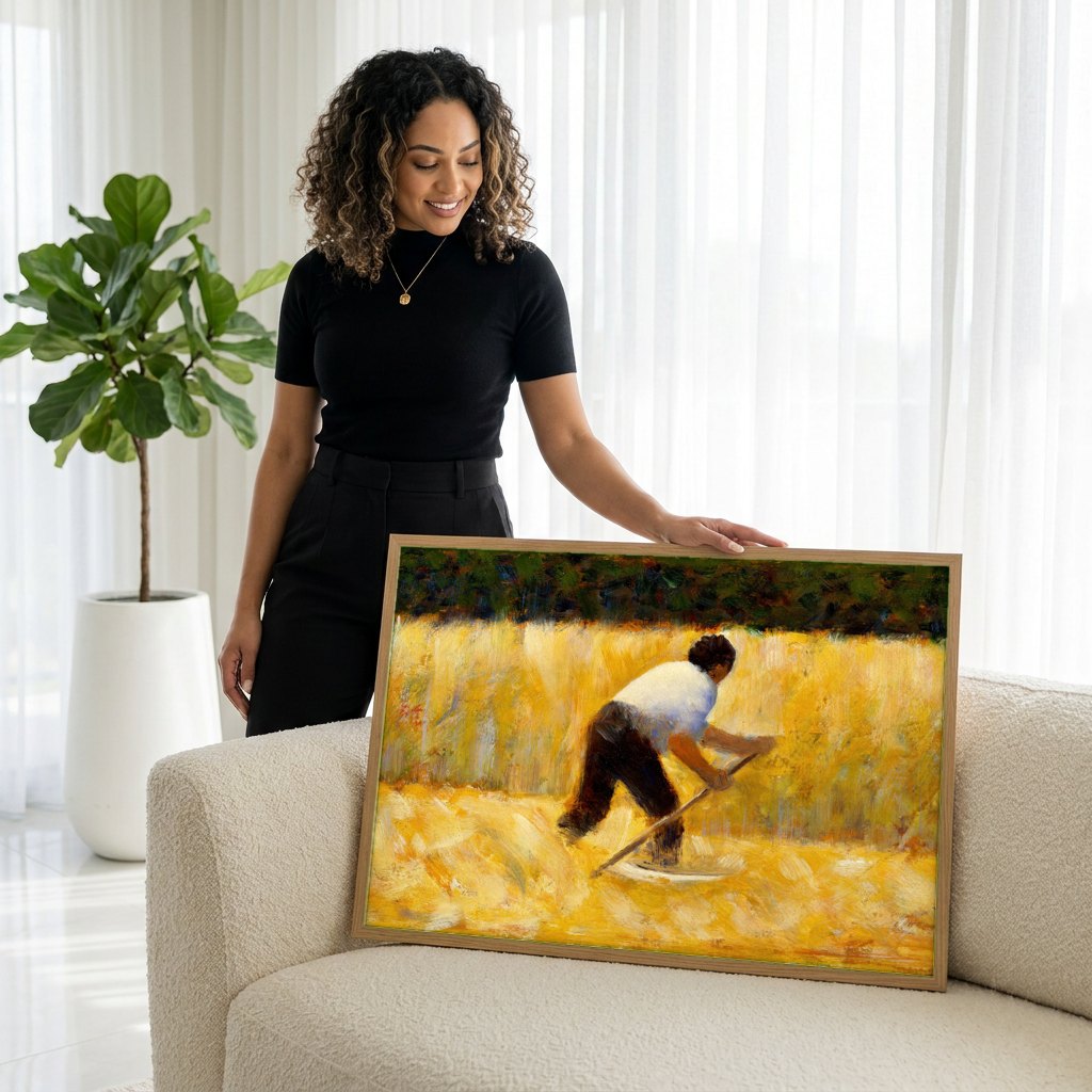Quadro Decorativo Campo de Trigo - Georges Seurat | modelo apresentando o quadro emoldurado