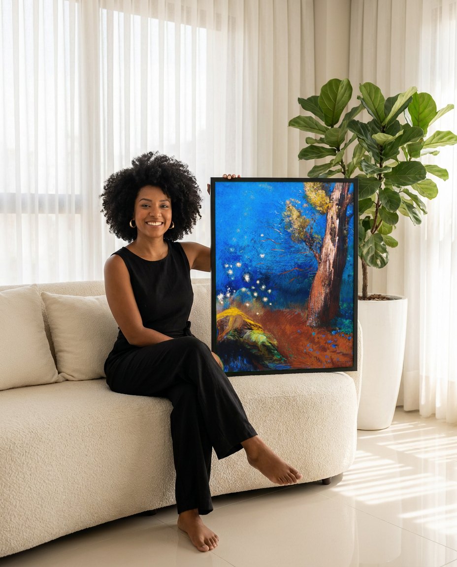 Quadro Decorativo A Queda de Faetonte (Estudo) - Odilon Redon | modelo apresentando o quadro emoldurado