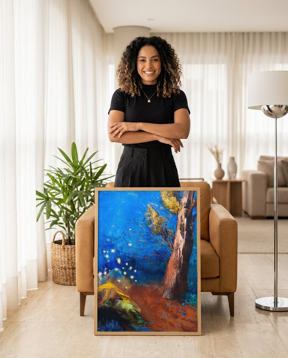 Quadro Decorativo A Queda de Faetonte (Estudo) - Odilon Redon | modelo apresentando o quadro emoldurado