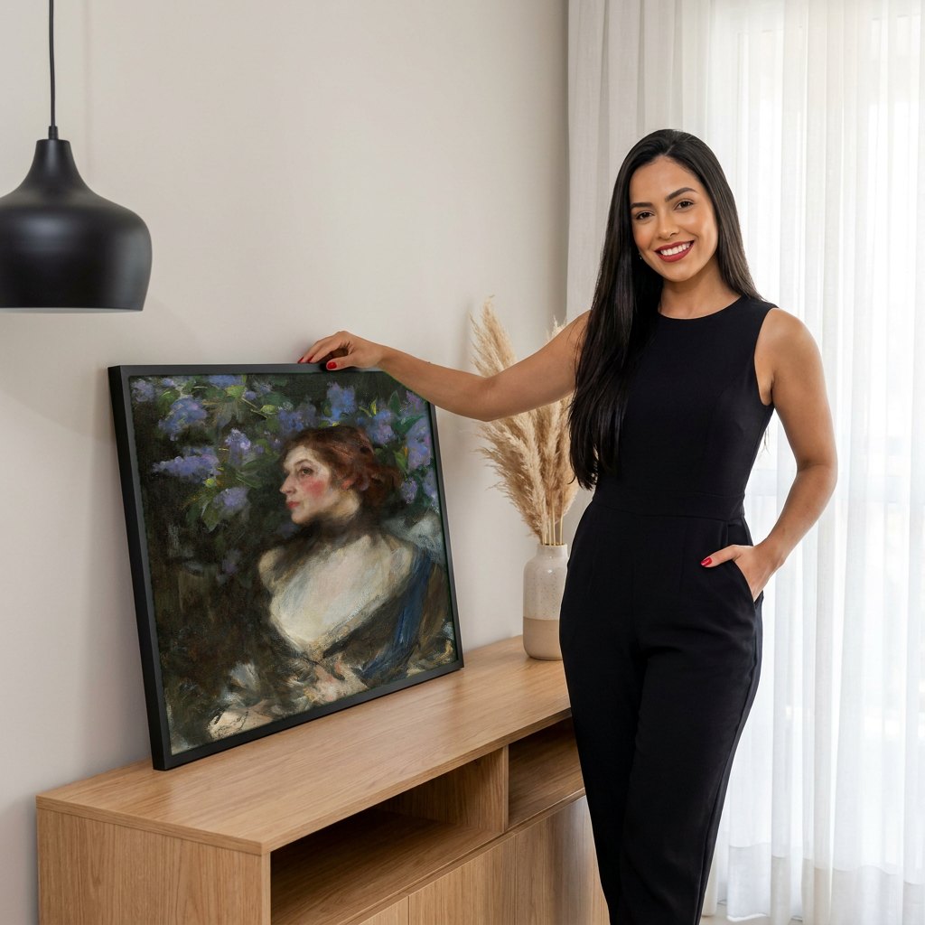 Quadro Decorativo A Dama do Lilás - James Jebusa Shannon | modelo apresentando o quadro emoldurado