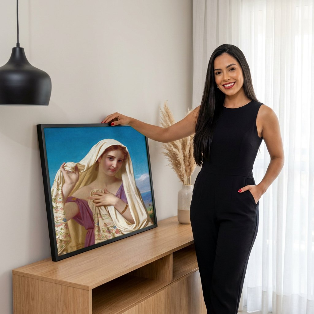 Quadro Decorativo A Jovem Velada - Hugues Merle | modelo apresentando o quadro emoldurado