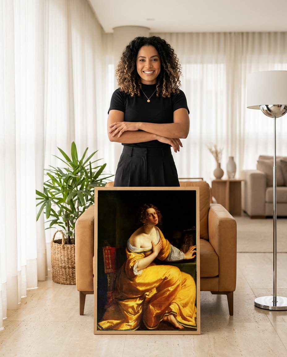 Quadro Decorativo Maria Madalena - Artemisia Gentileschi | modelo apresentando o quadro emoldurado