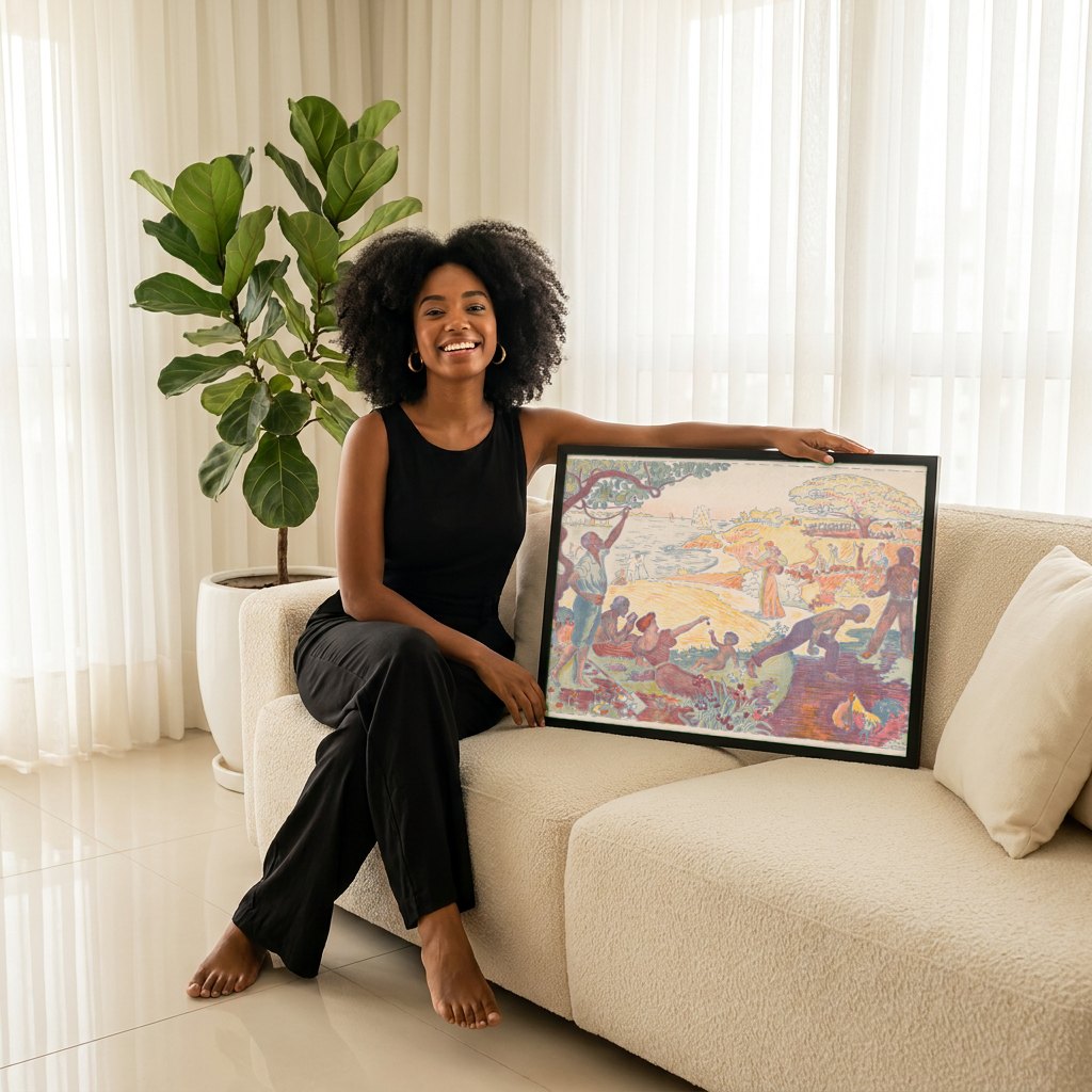Quadro Decorativo A Idade de Ouro - Paul Signac | modelo apresentando o quadro emoldurado