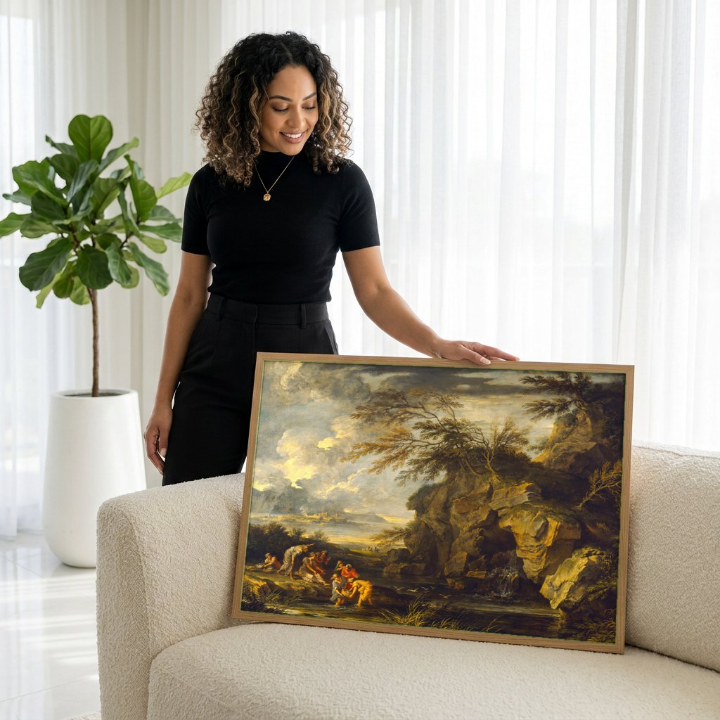 Quadro Decorativo A Descoberta de Moisés - Salvator Rosa | modelo apresentando o quadro emoldurado