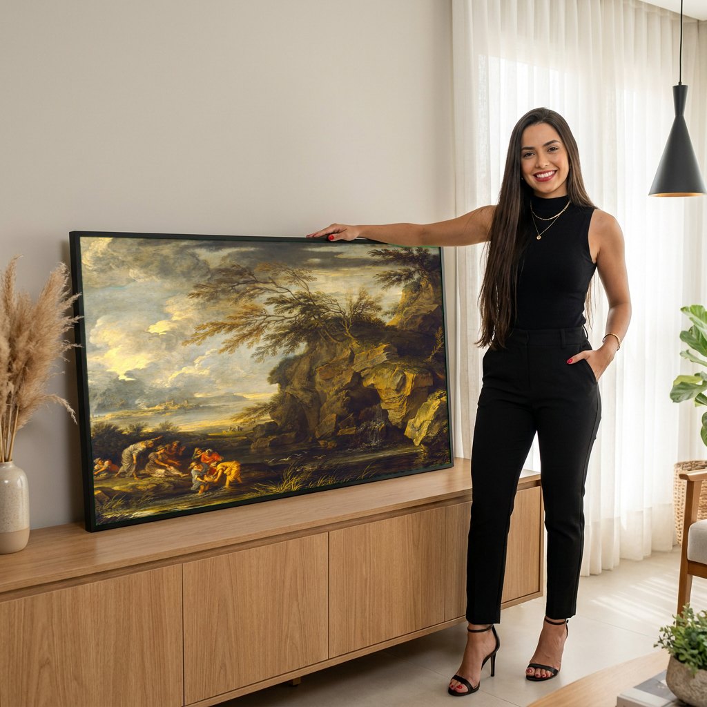 Quadro Decorativo A Descoberta de Moisés - Salvator Rosa | modelo apresentando o quadro emoldurado