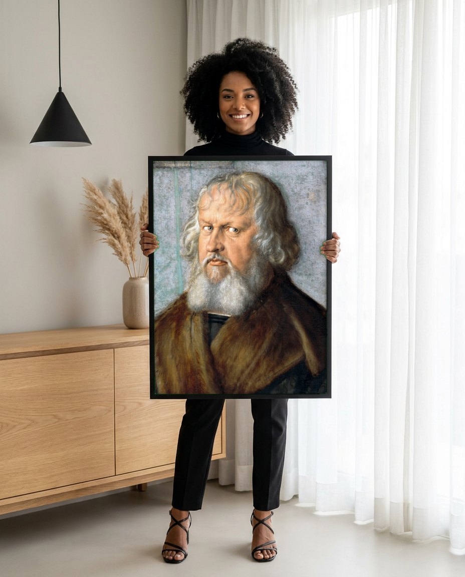 Quadro Decorativo Retrato de Hieronymus Holzschuher - Dürer | modelo apresentando o quadro emoldurado