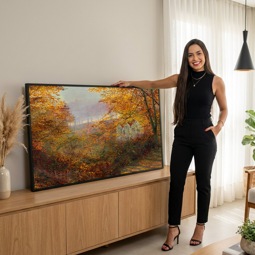 Quadro Decorativo Paisagem Outonal - Grimshaw | modelo apresentando o quadro emoldurado