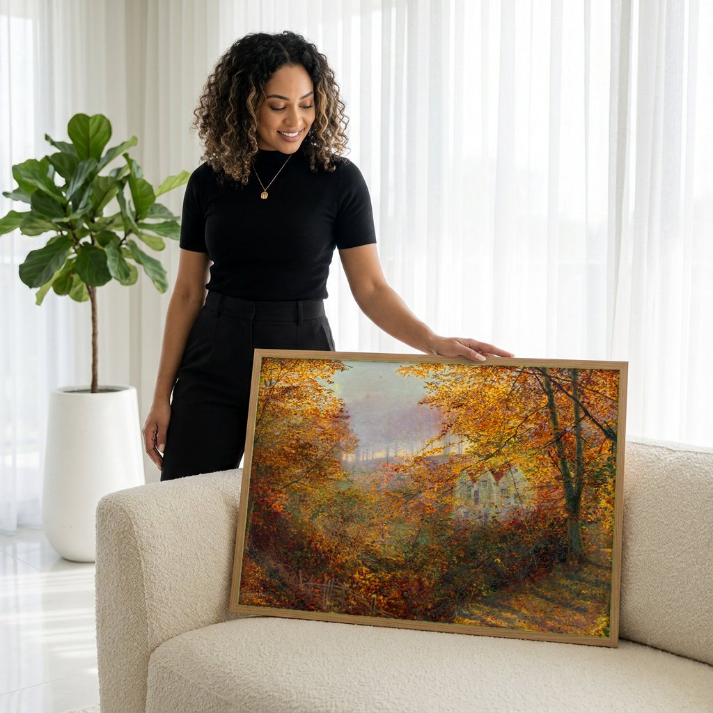 Quadro Decorativo Paisagem Outonal - Grimshaw | modelo apresentando o quadro emoldurado