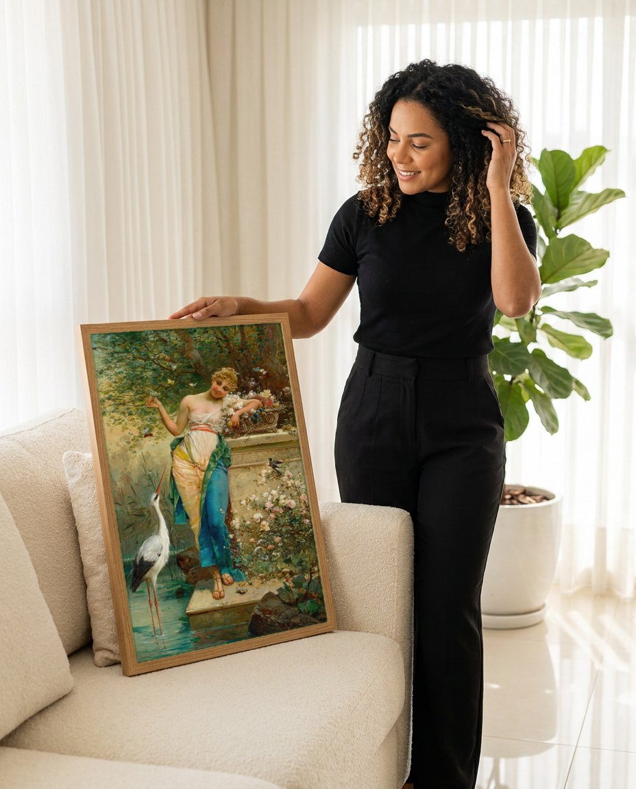 Quadro Decorativo A Ninfa e a Garça - Hans Zatzka | modelo apresentando o quadro emoldurado