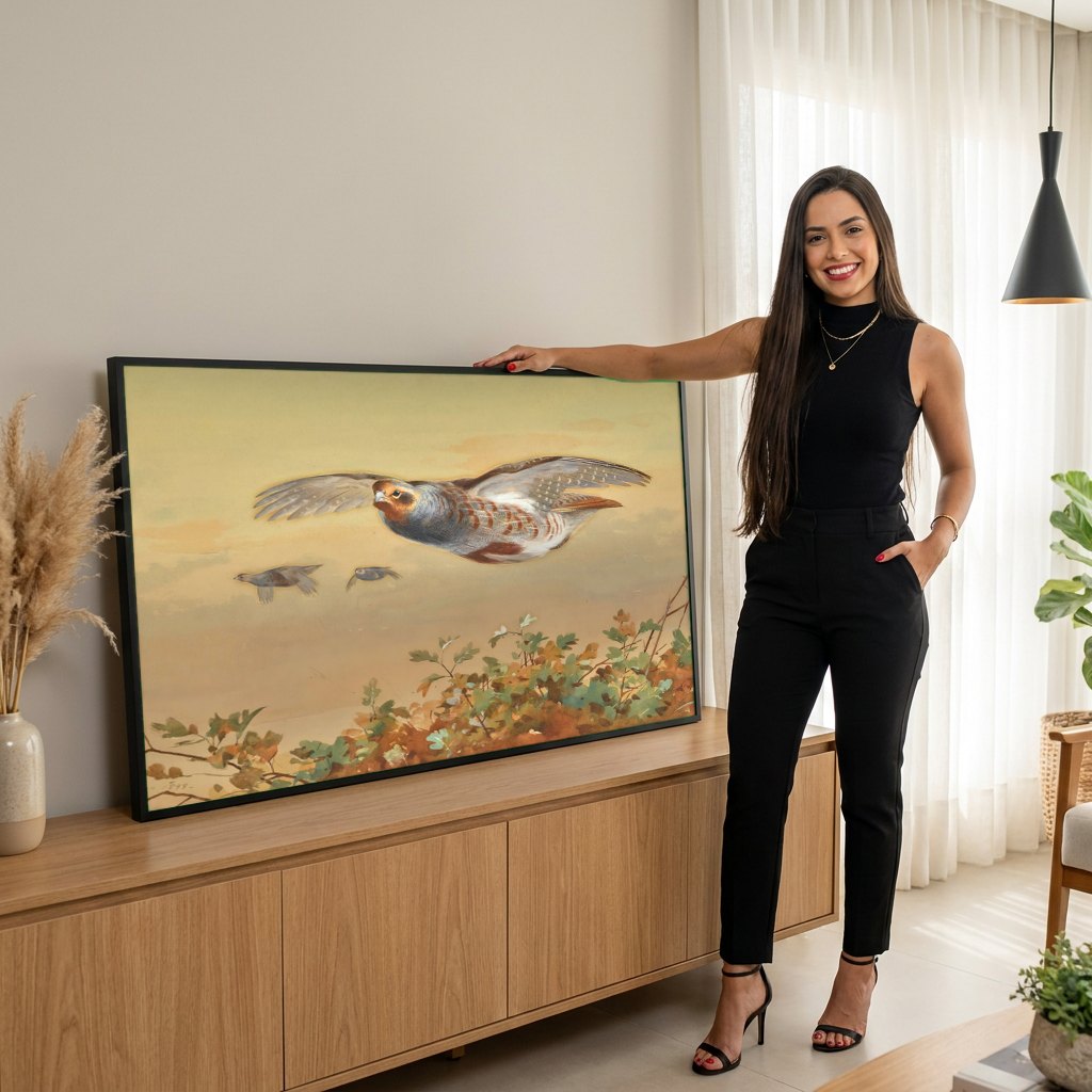 Quadro Decorativo A Revoada das Perdizes - Archibald Thorburn | modelo apresentando o quadro emoldurado