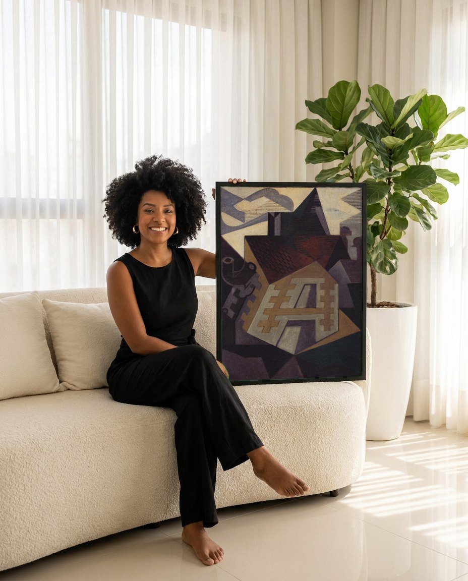 Quadro Decorativo A Casa - Juan Gris | modelo apresentando o quadro emoldurado