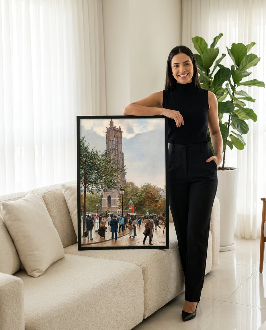 Quadro Decorativo A Torre Saint-Jacques - Jean Béraud | modelo apresentando o quadro emoldurado