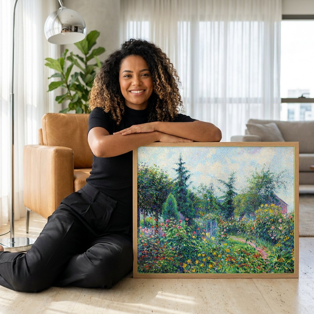 Quadro Decorativo Jardim em Pontoise - Pissarro | modelo apresentando o quadro emoldurado