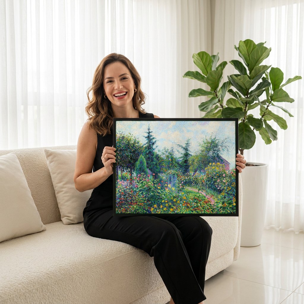 Quadro Decorativo Jardim em Pontoise - Pissarro | modelo apresentando o quadro emoldurado