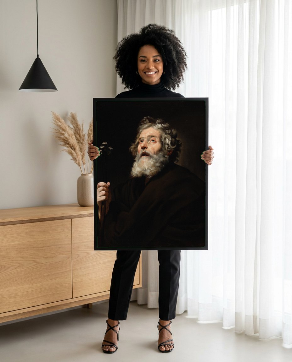 Quadro Decorativo Homem Velho com Flores - Jusepe de Ribera | modelo apresentando o quadro emoldurado
