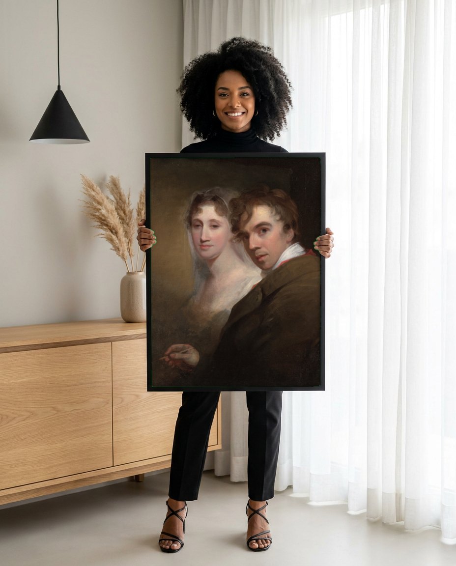 Quadro Decorativo 'Autorretrato com Esposa' - Thomas Sully | modelo apresentando o quadro emoldurado