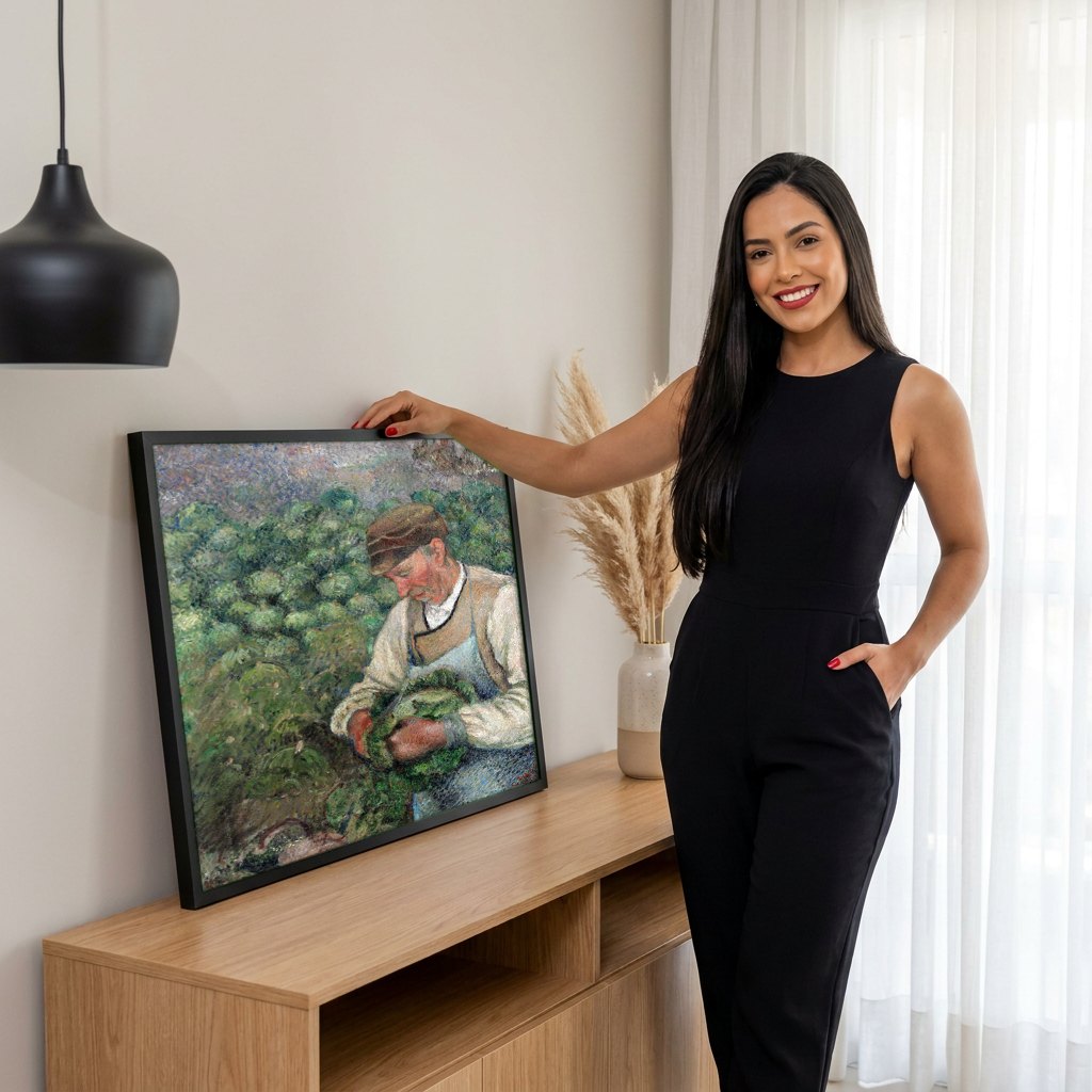 Quadro Decorativo Homem com Repolhos - Pissarro | modelo apresentando o quadro emoldurado