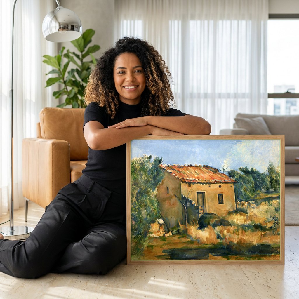 Quadro Decorativo A Casa Amarela (La Maison Jaune) - Paul Cézanne | modelo apresentando o quadro emoldurado