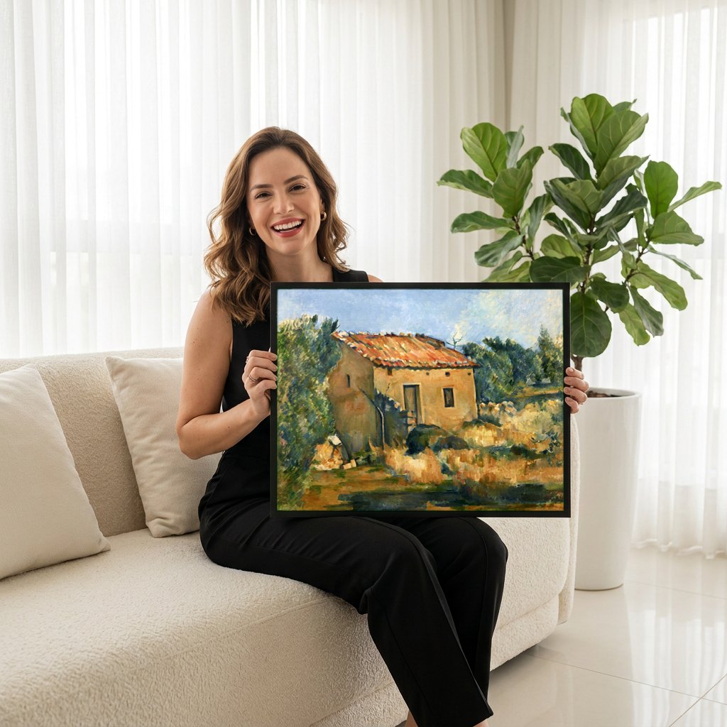 Quadro Decorativo A Casa Amarela (La Maison Jaune) - Paul Cézanne | modelo apresentando o quadro emoldurado