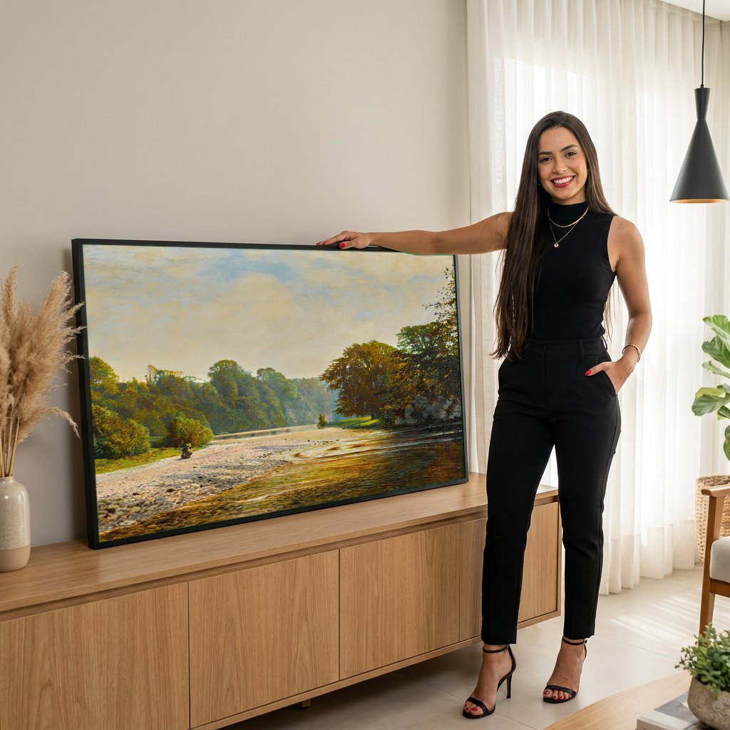Quadro Decorativo Paisagem Fluvial - Grimshaw | modelo apresentando o quadro emoldurado