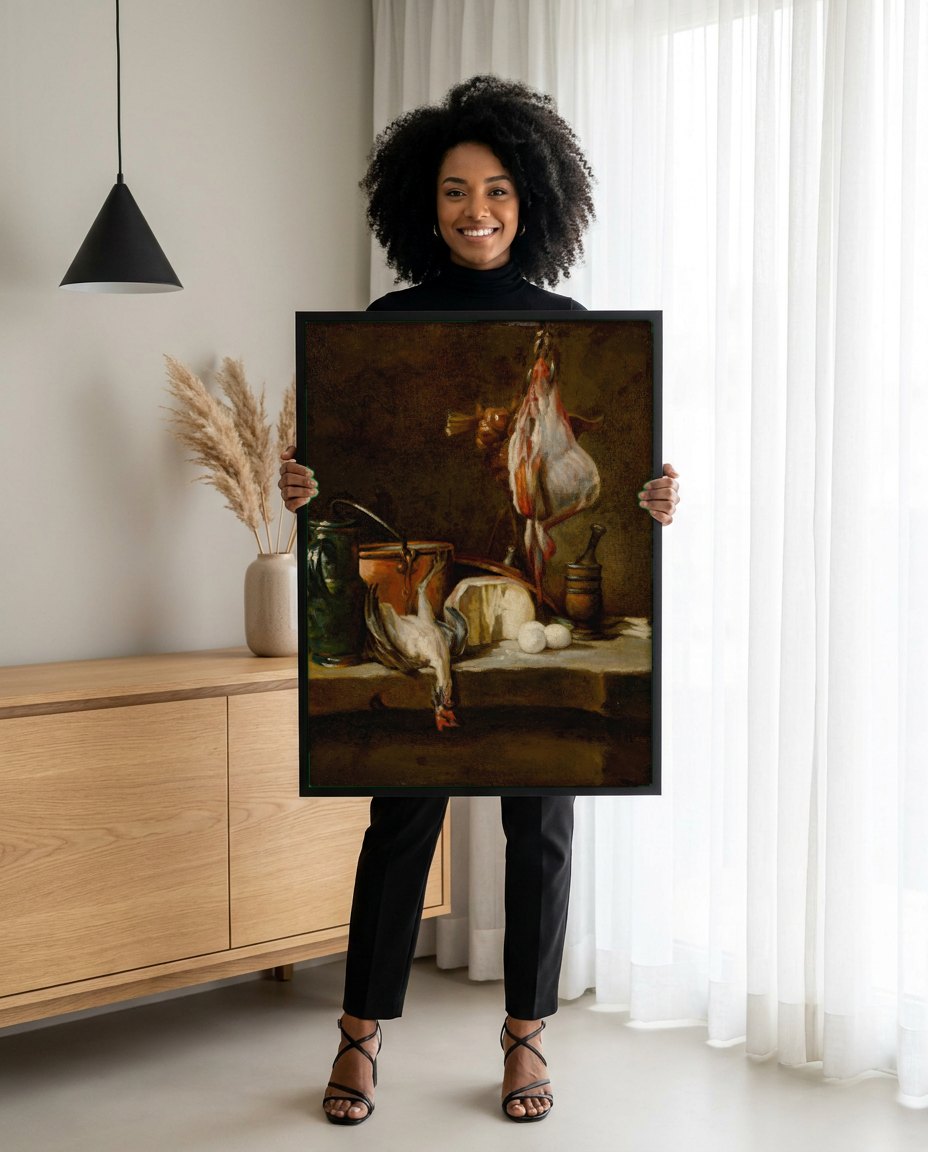 Quadro Decorativo A Pata Suspensa - Jean Siméon Chardin | modelo apresentando o quadro emoldurado