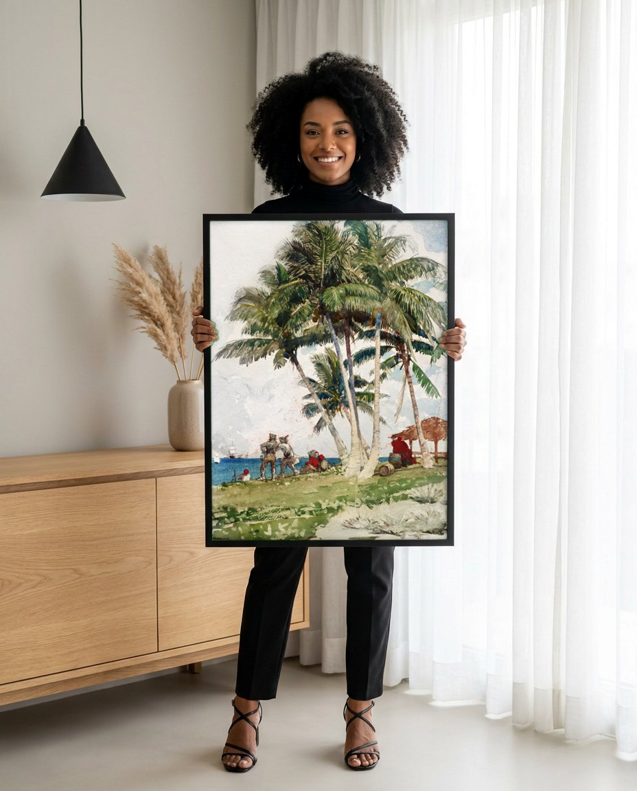 Quadro Decorativo A Praia de Nassau - Winslow Homer | modelo apresentando o quadro emoldurado