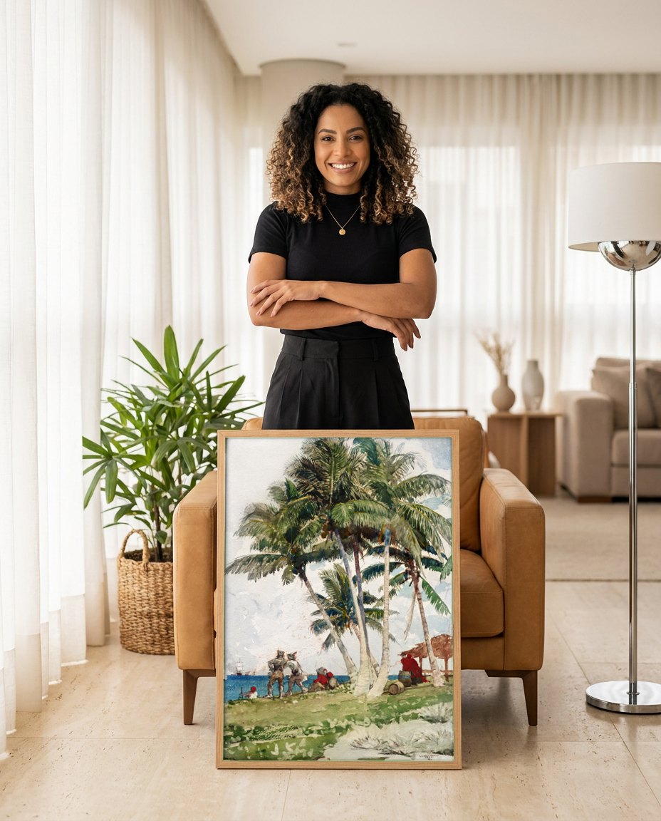 Quadro Decorativo A Praia de Nassau - Winslow Homer | modelo apresentando o quadro emoldurado