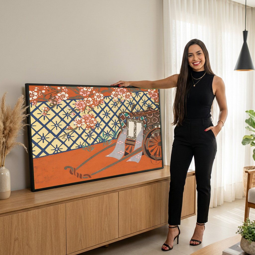 Quadro Decorativo Carroça e Flores - Kamisaka Sekka | modelo apresentando o quadro emoldurado