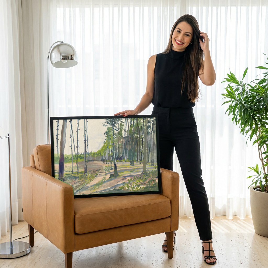 Quadro Decorativo Floresta Ensolarada - Oskar Laske | modelo apresentando o quadro emoldurado