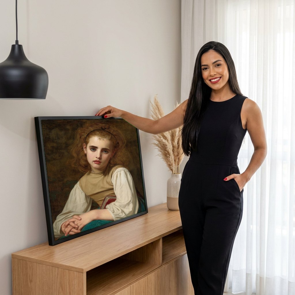 Quadro Decorativo A Jovem Leitora - Hugues Merle | modelo apresentando o quadro emoldurado