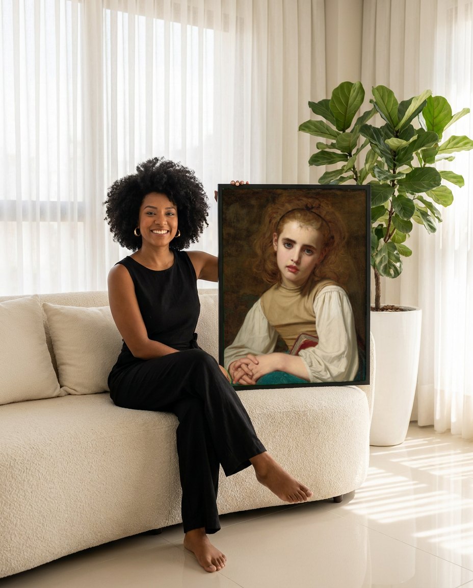 Quadro Decorativo A Jovem Leitora - Hugues Merle | modelo apresentando o quadro emoldurado