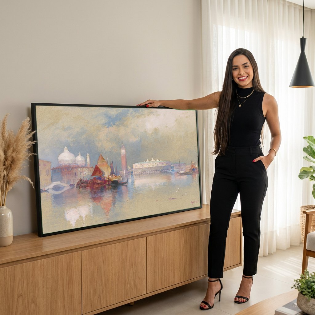Quadro Decorativo Vista de Veneza - Thomas Moran | modelo apresentando o quadro emoldurado