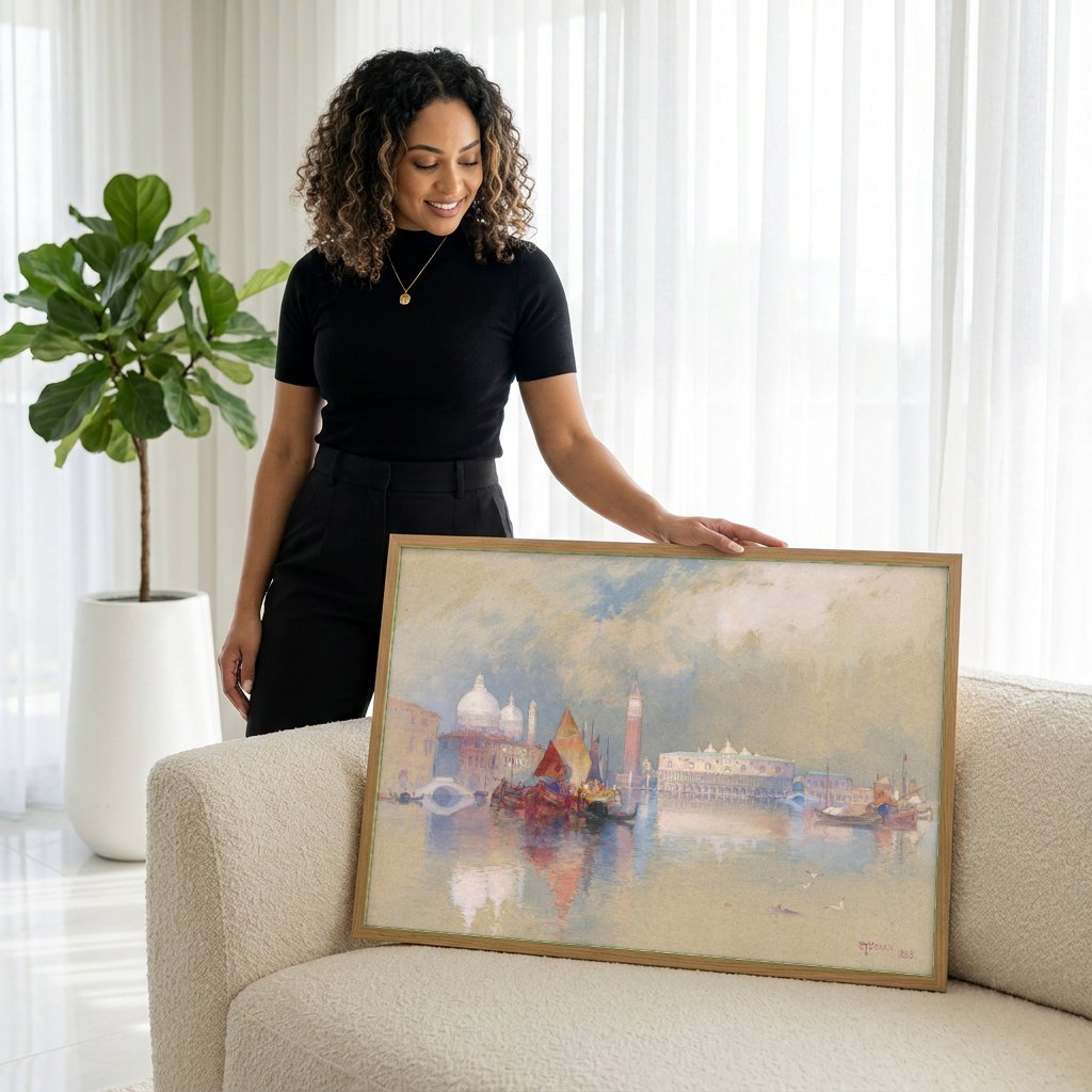 Quadro Decorativo Vista de Veneza - Thomas Moran | modelo apresentando o quadro emoldurado