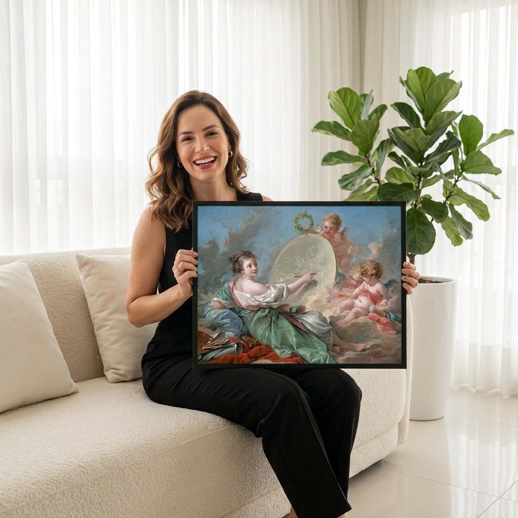 Quadro Decorativo A Pintora e os Cupidos - François Boucher | modelo apresentando o quadro emoldurado