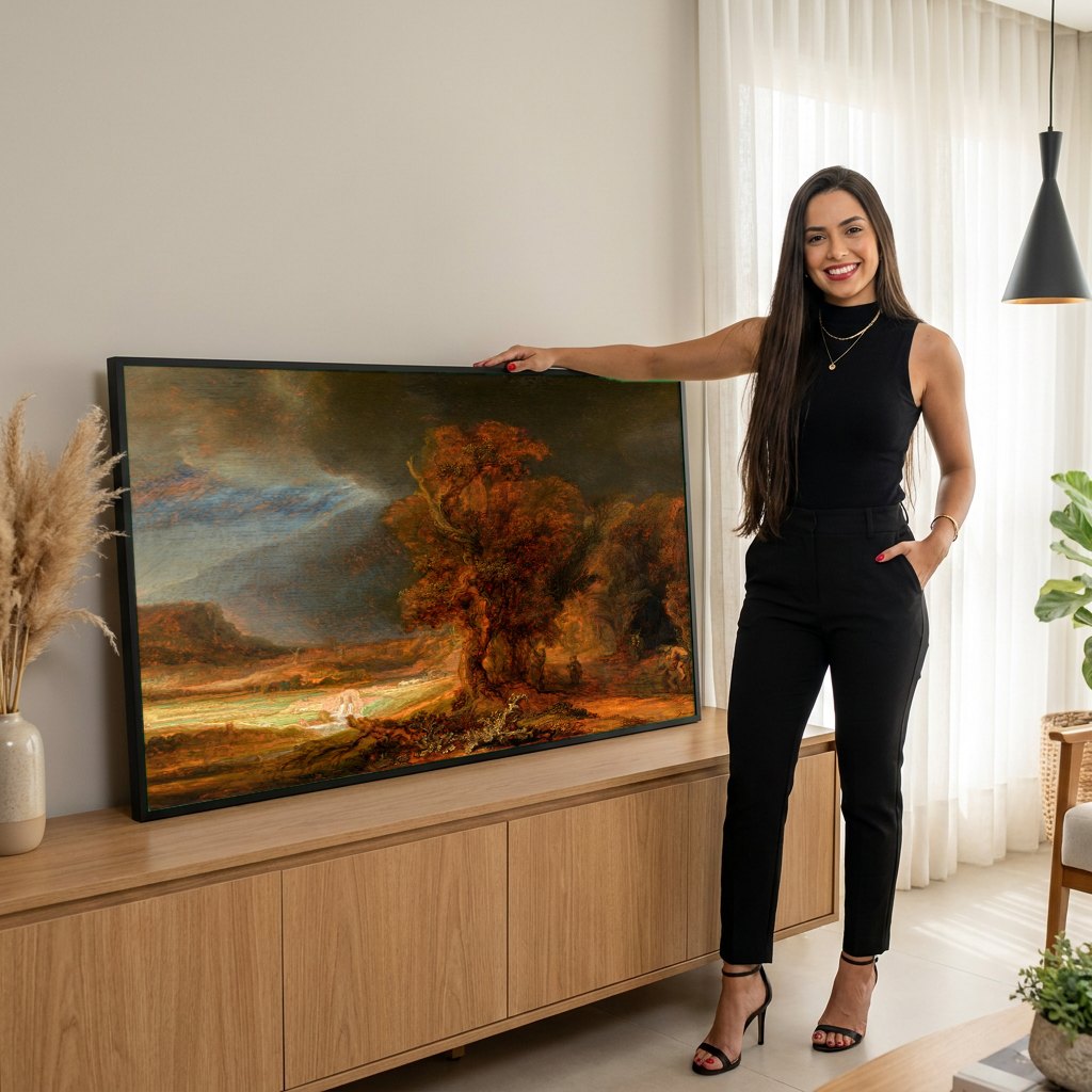 Quadro Decorativo A Paisagem com o Bom Samaritano - Rembrandt | modelo apresentando o quadro emoldurado