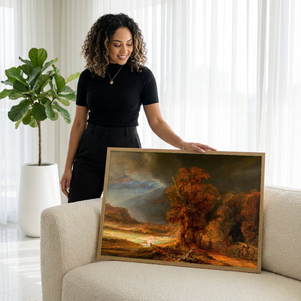 Quadro Decorativo A Paisagem com o Bom Samaritano - Rembrandt | modelo apresentando o quadro emoldurado