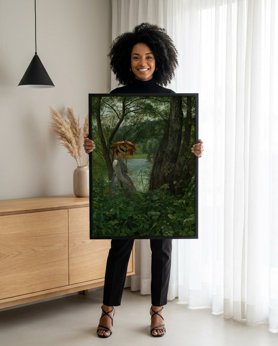 Quadro Decorativo A Caminho do Lago - Hans Thoma | modelo apresentando o quadro emoldurado