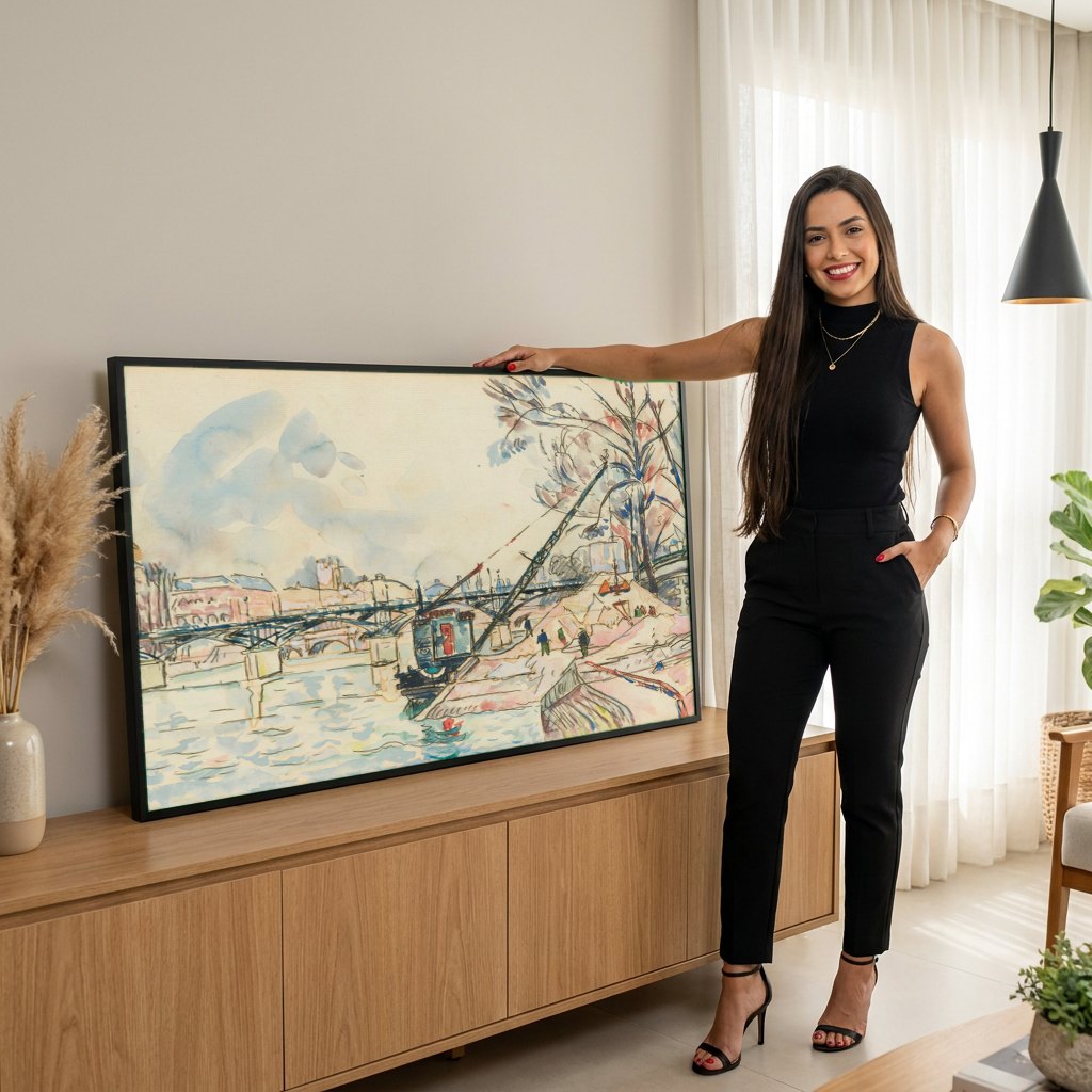 Quadro Decorativo Cais com Pontes - Paul Signac | modelo apresentando o quadro emoldurado