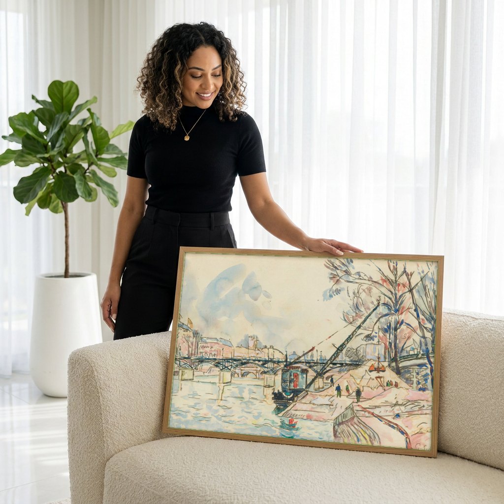 Quadro Decorativo Cais com Pontes - Paul Signac | modelo apresentando o quadro emoldurado