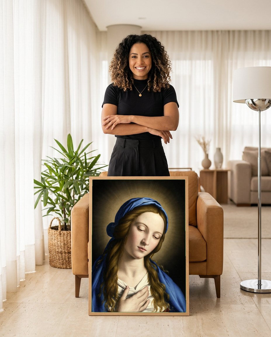 Quadro Decorativo A Virgem em Oração - Sassoferrato | modelo apresentando o quadro emoldurado