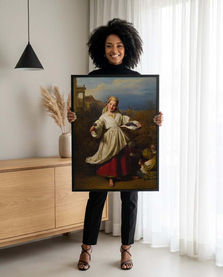 Quadro Decorativo A Menina das Violetas - Ferdinand Georg Waldmüller | modelo apresentando o quadro emoldurado