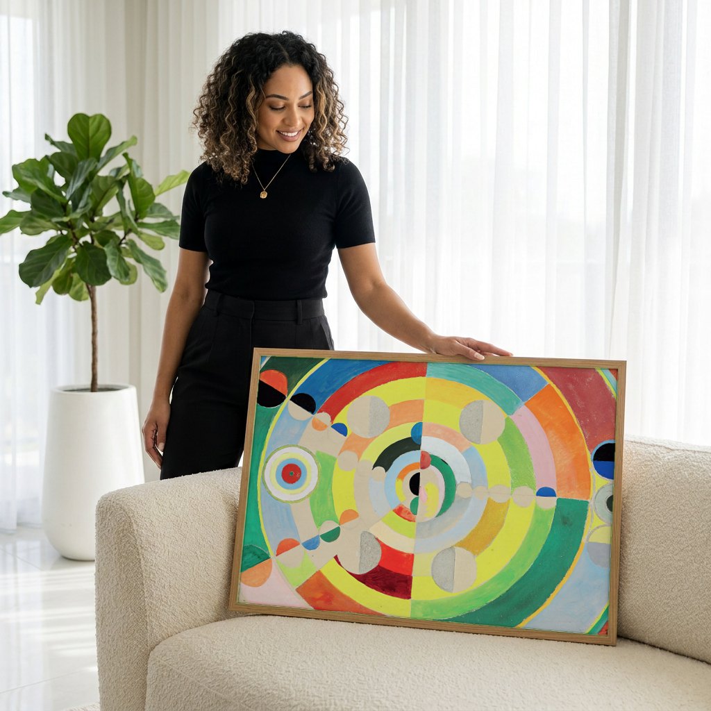 Quadro Decorativo Círculos Concêntricos - Robert Delaunay | modelo apresentando o quadro emoldurado