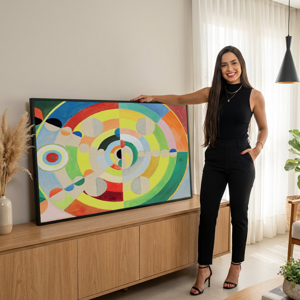 Quadro Decorativo Círculos Concêntricos - Robert Delaunay | modelo apresentando o quadro emoldurado